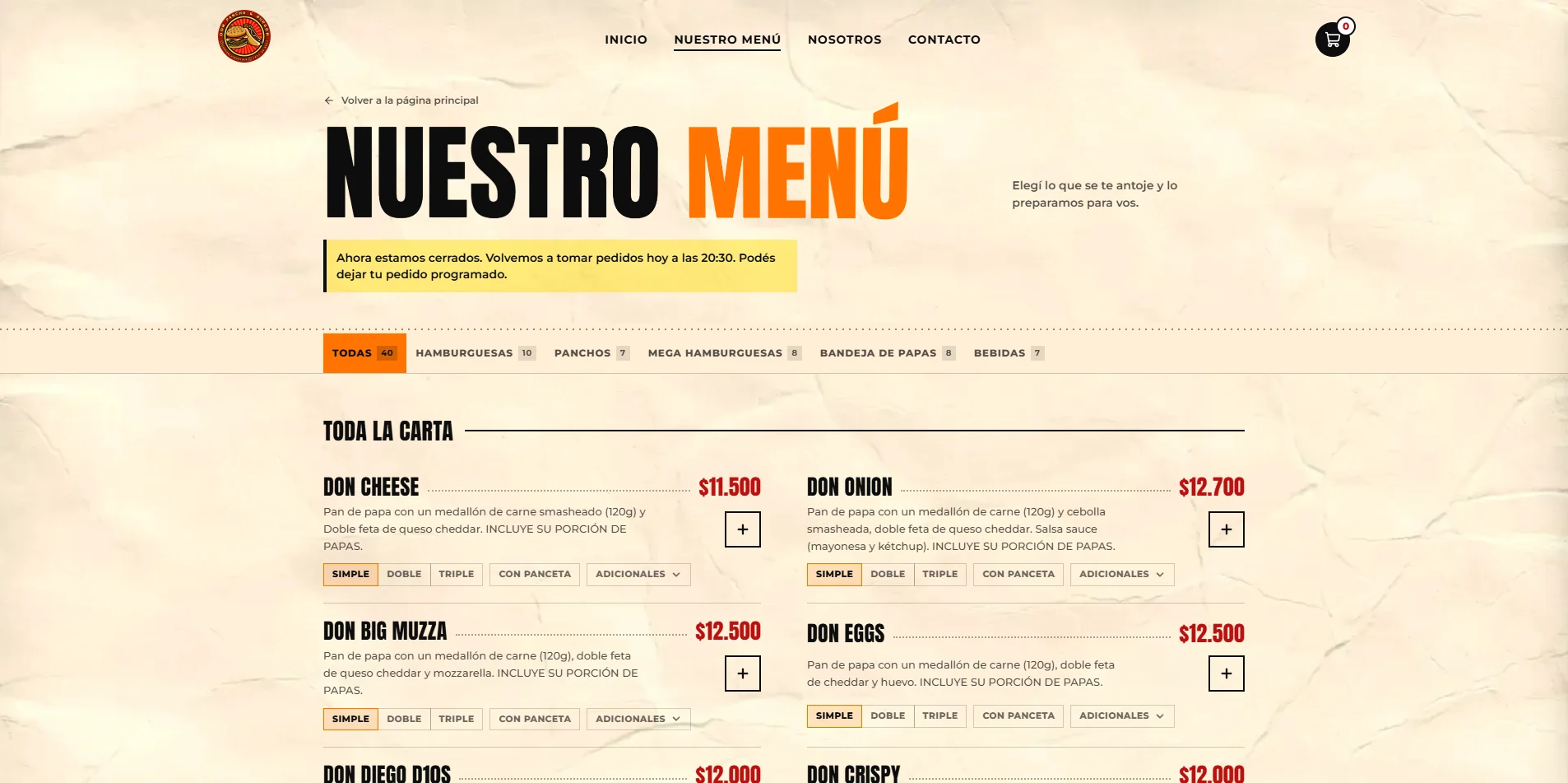 Carta online de Don Pancho & Burger