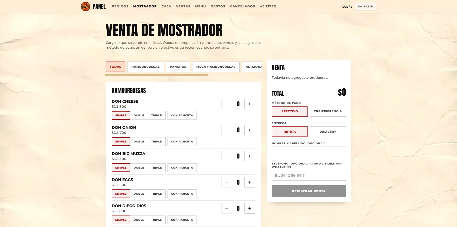 Panel de administración: venta de mostrador
